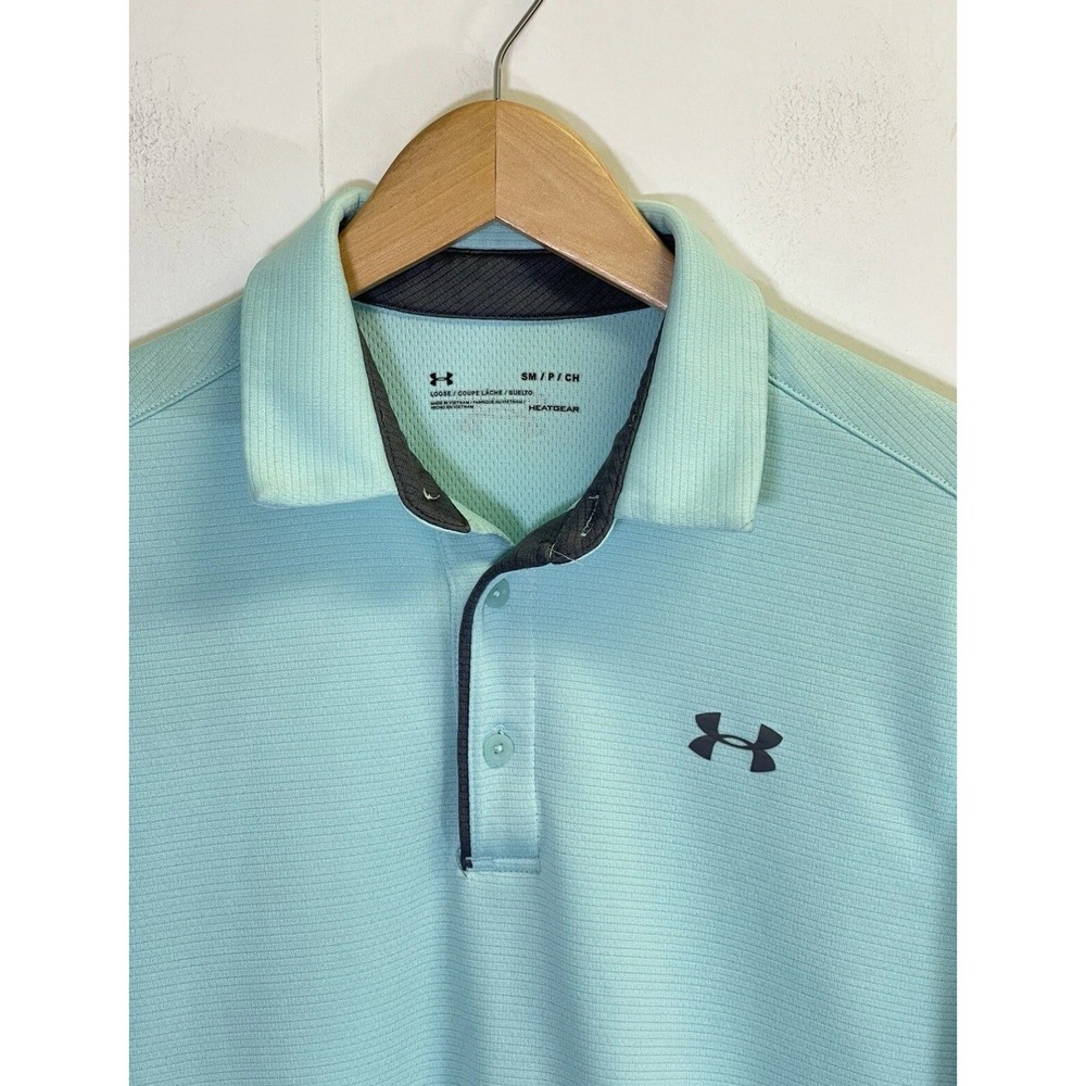 Under Armour‎ HeatGear Loose Mens S Aqua Blue Active Golf Polo Shirt Grey Logo